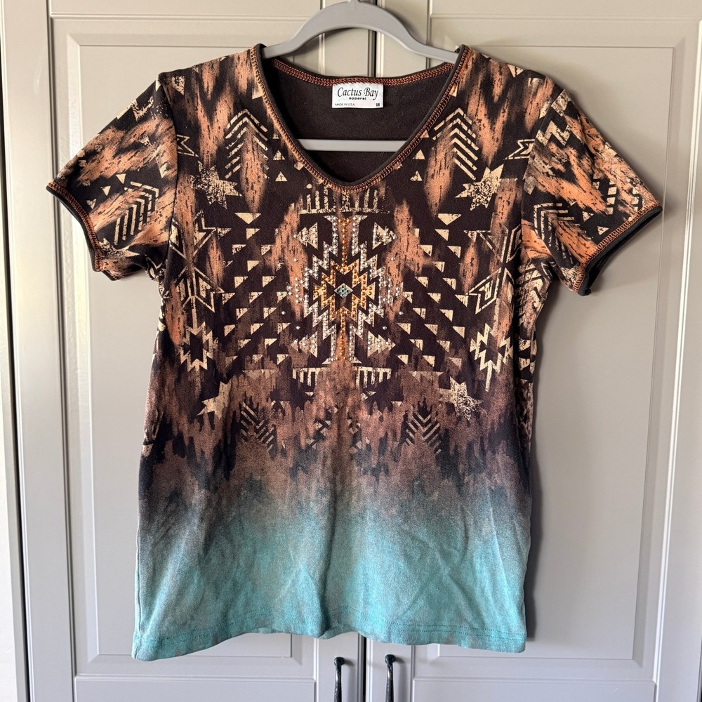 Cactus Bay Womens Y2K Southwestern Ombre Rhinestone V-Neck T-Shirt,Brown‎ Blue,M